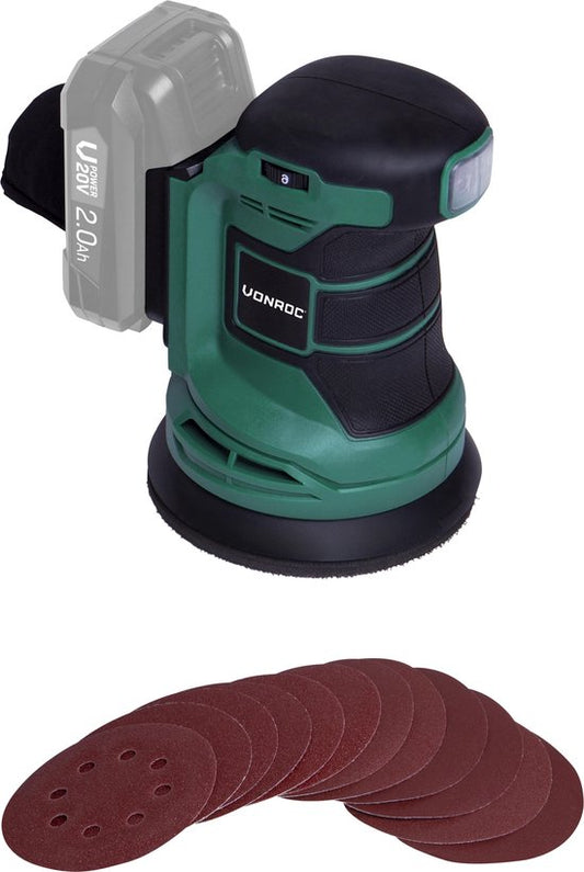 VONROC Random Orbit Sander - VPower 20V - Sans batterie ni chargeur - Ø125mm - Avec sac à poussière et 12 morceaux de papier de verre