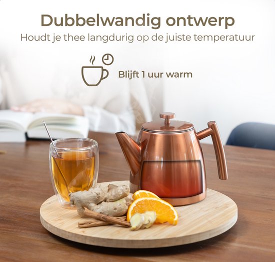 Vaja® Théière Juliette Rosé - Double paroi - 1 litre - Théière en acier inoxydable avec filtre et porte-bouillon