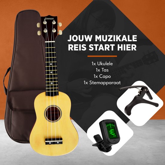 Finesse Ukulele - Starter set - 21" - Ukulele - Toy Guitar - Enfant - Instrument de musique - Couleur bois