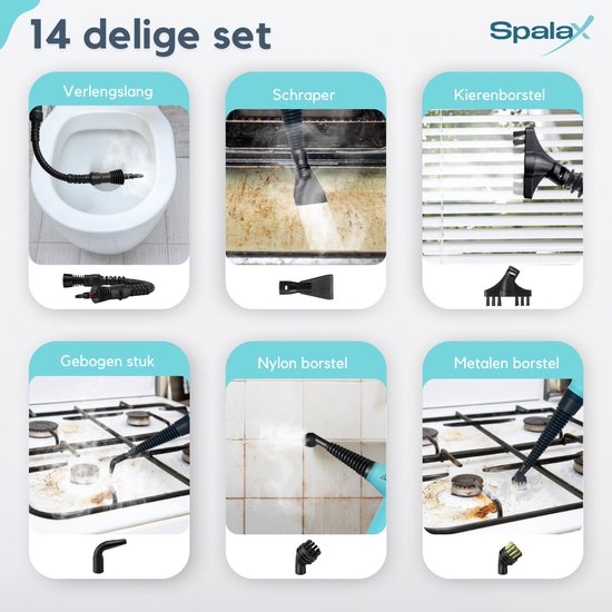 Spalax 14-en-1 Nettoyeur vapeur - 3.5 Bar Nettoyeur vapeur à main - Nettoyer les taches - Nettoyer à la vapeur le sol, le canapé, le tapis et les vêtements - Nettoyeur vapeur à main - Nettoyeur de tapis - 1050W - 350 ML
