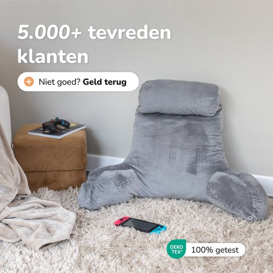 Coussin de lecture pour le lit - Bonne posture au lit - Avec 3 compartiments de rangement - Coussin dorsal pour le bas du dos - Siège de lecture pour le canapé - Gris - Soft & Silky