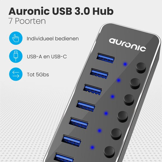 Auronic USB Hub 3.0 - Répartiteur USB avec 7 ports - avec alimentation - 5 GBP - Indication Led - Noir