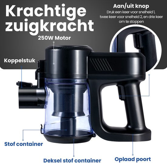 Saaf G90 Aspirateur à manche - 250W - Aspirateur à manche sans fil - Aspirateur sans sac - Set de 7 pièces avec manche pliable - 30kPa - Aspirateur à poussière - Noir