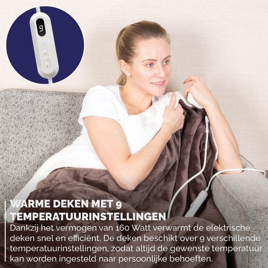 BREND BR-2219 Couverture électrique avec 9 réglages de température - Couverture en flanelle - Plaid chaud pour canapé et lit - 180 x 130 cm - Marron/Blanc