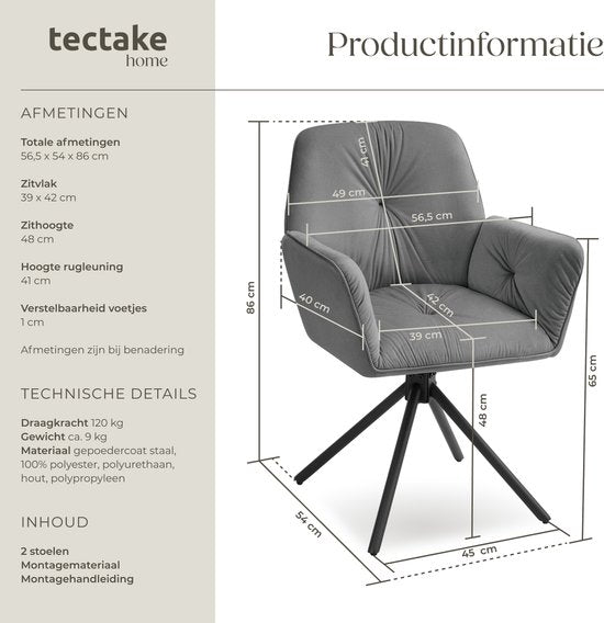 tectake® Chaise pivotante Lenia - Lot de 2 chaises pivotantes avec accoudoir - Chaise de salle à manger pivotante - Fauteuils pivotants - Tapissés - aspect velours Anthracite/Noir