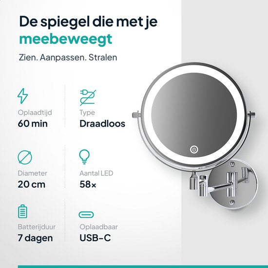 Mirlux Miroir de maquillage avec éclairage LED - Rechargeable - grossissement 5x - Miroir grossissant avec lumière - Miroir de rasage - Miroir de salle de bain - Chrome