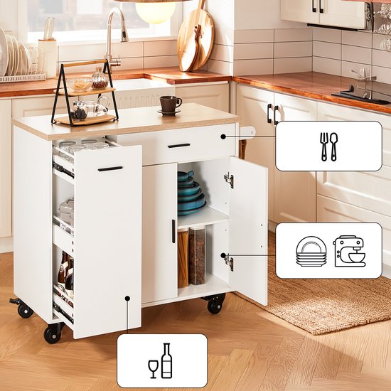 SoBuy îlot de cuisine avec 2 tiroirs et 2 portes - Meuble de cuisine multifonction, blanc, 105 x 46 x 92 cm, FKW126-WN