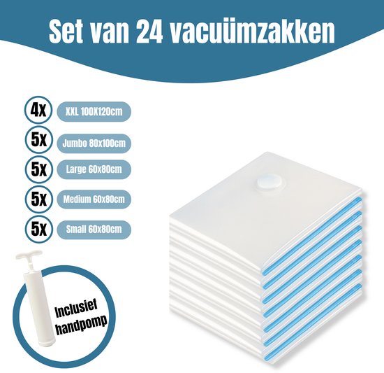Travelly® Vacuum Bags & Travel Bags Set - Clothing Storage & Travel - Airtight - Includes Pump - Reusable - Space-saving - Set of 24 - Transparent