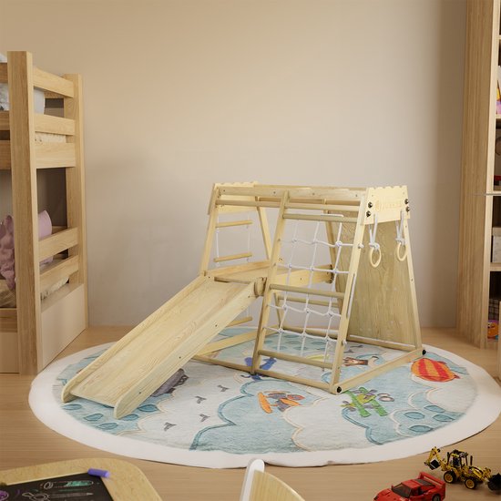 Juskys - Cadre d'escalade d'intérieur pour enfants - 102 x 98 x 100 cm & avec toboggan et mur d'escalade - équipé d'anneaux tournants et d'une échelle de corde - pliable et autoportant - bois naturel et fourré