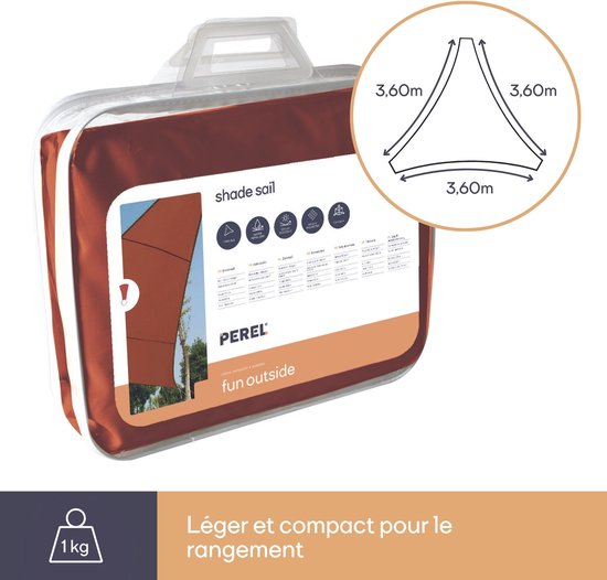 Perel Toile d'ombrage, hydrofuge, 3,6 x 3,6 x 3,6 m, 160 g/m², polyester, triangle, terracotta