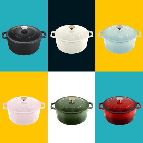 MOA Casserole en fonte - 5,7L - Pour toutes les sources de chaleur y compris l'induction - Avec couvercle - Ø 26cm - Revêtement antiadhésif - Bleu clair