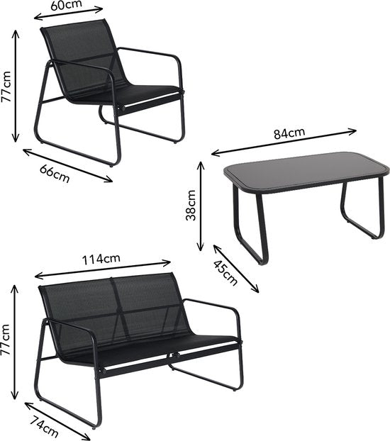 Infinity Goods Tuinset - Loungeset - Tuinmeubelen - Tuinbank - Tuinstoelen - Tuintafel - Glazen blad - 4 Persoons - Zwart/Antraciet