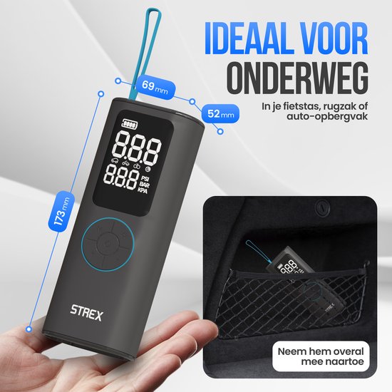Pompe à pneu électrique Strex - Mini-compresseur sans fil 3-en-1 - voiture, vélo, scooter, ballon et matelas pneumatique - jusqu'à 10,5 bar / 150 PSI - 30L/min - 8000 mAh Powerbank & Flashlight