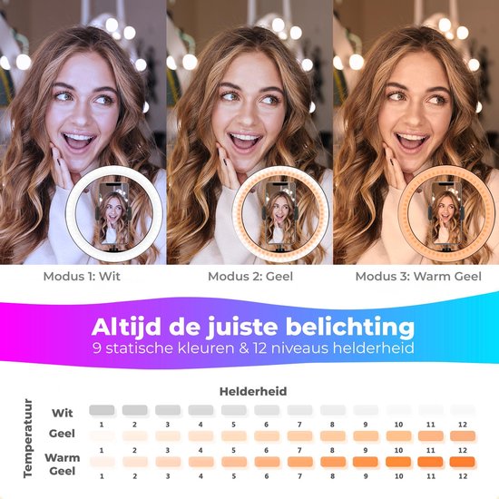 Studio ME Lampe annulaire multicolore avec trépied - 10 pouces/25 cm - Lampe RVB - Lampe annulaire avec trépied - Bluetooth - Support de téléphone - Télécommande - USB - Lampe TikTok - Lampe annulaire