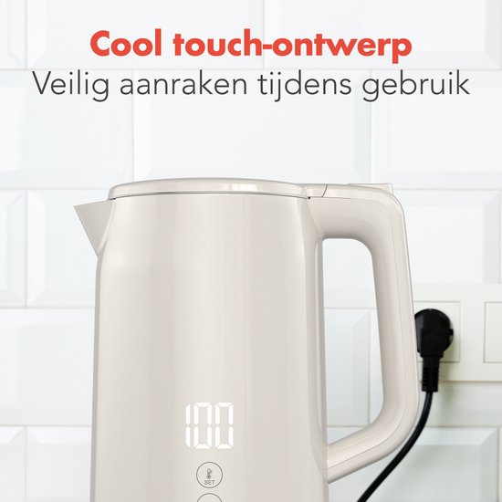 KitchenBrothers Bouilloire - 1.7L - Avec contrôle de la température - Électrique - Fonction maintien au chaud - Affichage - Double paroi - Cool-touch - 2200W - Beige