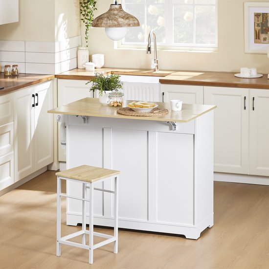 SoBuy FKW129-WN Chariot de cuisine sur roulettes - Ilot de cuisine avec plan de travail coulissant, 2 tiroirs et étagères réglables - Chariot de cuisine mobile ou meuble de table à manger, blanc 113x91x(44-69) cm