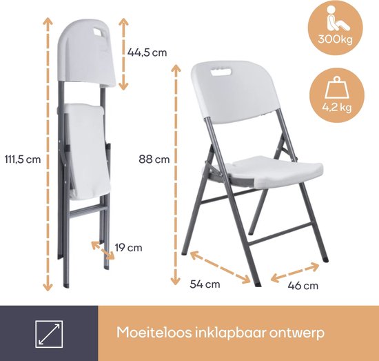 Perel Chaise pliante blanche pour l'intérieur et l'extérieur, en plastique, peu encombrante, idéale pour les événements, les fêtes et la restauration, avec structure en acier et assise résistante aux intempéries