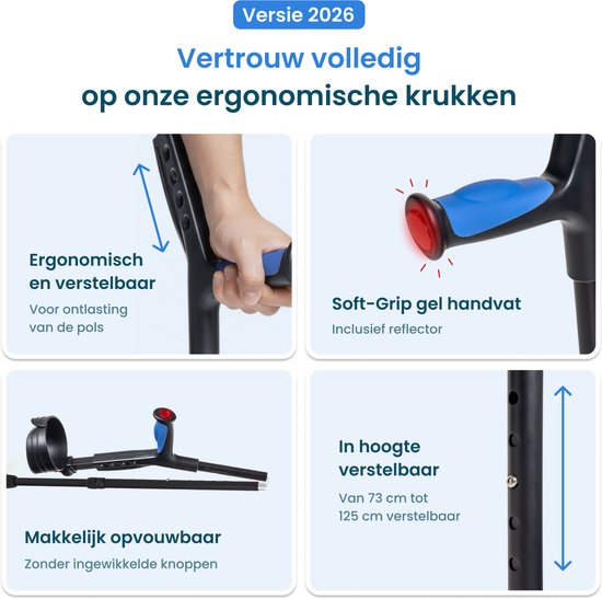 SageCare® Béquilles pliables pour coude (lot de 2) pour adultes - Béquilles de marche légères et ajustables - pliage rapide sans boutons - poignées ergonomiques en gel et réflecteur - noir - idéal pour la rééducation