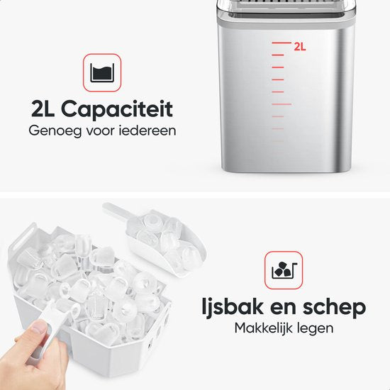 Machine à glaçons Kitchenwell - 2L - 12kg/24 heures - Fonction autonettoyante - Argenté
