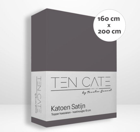 Ten Cate - Drap-housse 160x200 - Drap-housse 160x200 - Convient pour sur-matelas 160 x 200 - Satin de coton - Sur-matelas 160x200 - Hauteur d'angle 10 cm - Anthracite