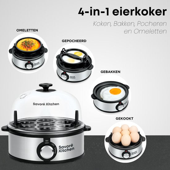 Savoré Kitchen 4-in-1 Poule à oeufs 7 oeufs - Plaque antiadhésive - Electrique - Poule à oeufs avec minuterie
