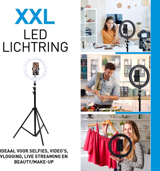 Lampe annulaire Grundig avec trépied - Lampe annulaire réglable jusqu'à 195 cm - Lampe Tiktok avec support de téléphone - Lampe annulaire pour selfie - Lampe annulaire avec 3 niveaux de lumière - Lampe de maquillage