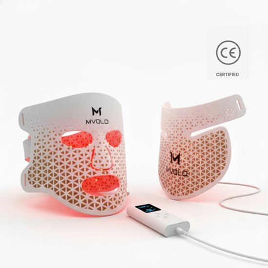 Mvolo® LED Face Mask - Masque professionnel de luminothérapie rouge avec masque pour le cou - Masque à lumière infrarouge 4 longueurs d'onde - Sans fil - Soins de la peau