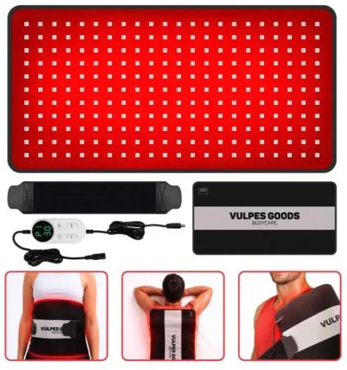 Vulpes Goods® - Bande infrarouge portable XL - 61 x 30,5 cm - 242 LED, 5 niveaux d'intensité, mode impulsion et minuterie - Pour le dos, les épaules et les jambes - Noir PU et TPU