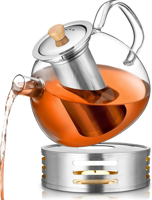 Deleca Théière en verre avec filtre et chauffe-plat - Verre borosilicaté - Tamis en acier inoxydable - Cadeau de Noël - Pour thé en vrac / fleurs de thé - 1.5L