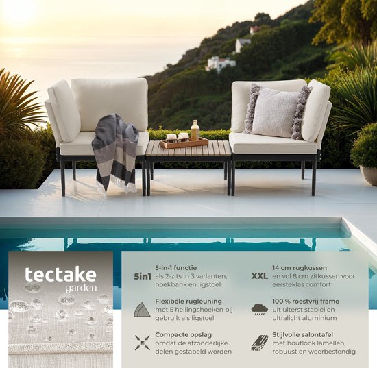 tectake® - Magaluf lounge set - Salon de jardin 5 en 1 avec structure en aluminium - 2 fauteuils de jardin et 1 table basse - Peut être utilisé comme chaise longue, banc d'angle ou banc de jardin 2 places - Coussins inclus - Set de balcon 2 personnes