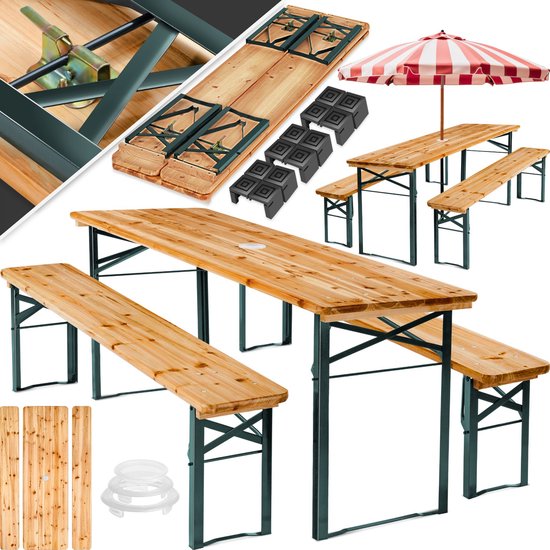 tectake® Ensemble de tentes à bière avec table et 2x bancs à bière, avec porte-parasol - ensemble de tentes à bière, meubles de balcon avec 1x table pliante et 2x bancs à bière, pliant, 170 x 46 x 78 cm, laqué
