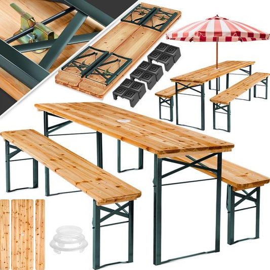 tectake® Ensemble de tentes à bière avec table et 2x bancs à bière, avec porte-parasol - ensemble de tentes à bière, meubles de balcon avec 1x table pliante et 2x bancs à bière, pliant, 170 x 46 x 78 cm, laqué