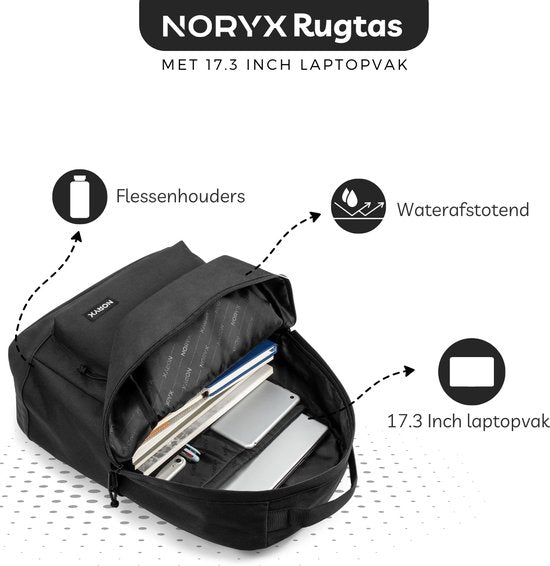 Noryx Origin Backpack 27L - 15.6 inch - Sac à dos pour ordinateur portable - Sac d'école - Homme et femme - Splashproof - Noir