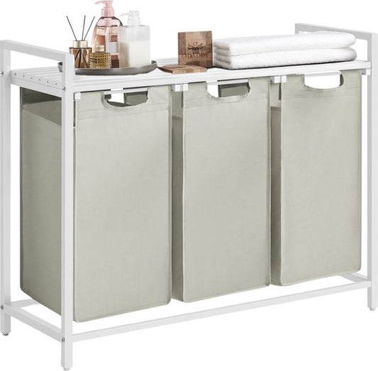 O'DADDY® Laundry Basket 3 Boxes - Trieur de linge extensible avec étagère - 114 Liter - 92,5 x 33 x 71 cm - Pieds réglables - Facile à assembler - Polyvalent et élégant en métal - Blanc