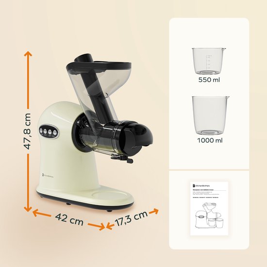 KitchenBrothers Slowjuicer XL - Presse-agrumes - Presse-légumes et fruits - alimentation 43 mm et 70 mm - 500 ml - Champagne