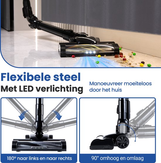 Aspirateur à manche - Saaf G80 - 100W - Fonction serpillière - Manche pliable - 8 pièces - Aspirateur sans sac - Sans fil - Noir