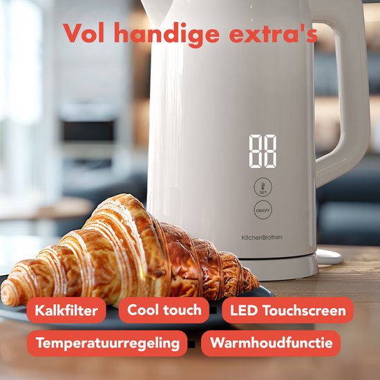 KitchenBrothers Bouilloire - 1.7L - Avec contrôle de la température - Électrique - Fonction maintien au chaud - Affichage - Double paroi - Cool-touch - 2200W - Beige