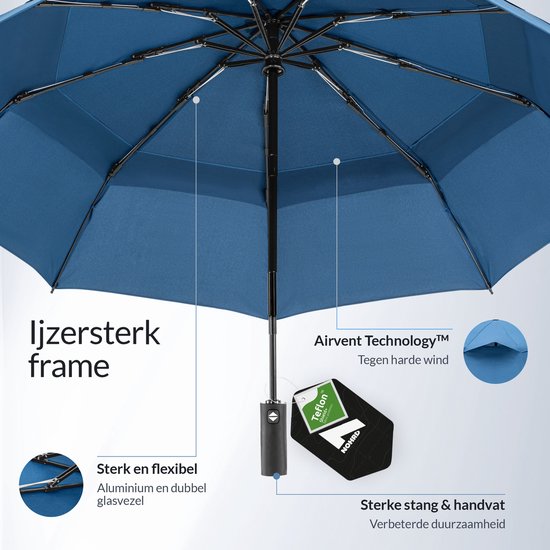 Parapluie Nohrd Storm - Bleu - Parapluie pliable - Perméable au vent - 140 km/h - Parapluies Storm - Pliage et dépliage automatique - Parapluies - Housse de protection incluse