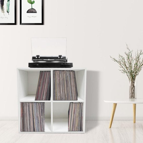 Meuble de rangement pour disques vinyles - rangement disques vinyles lp - bibliothèque - 4 compartiments - blanc