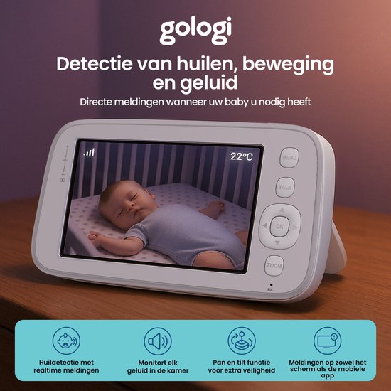 Gologi Baby Monitor avec caméra - Baby Monitor - Baby Camera - Télécommandé via l'application et l'écran - Blanc