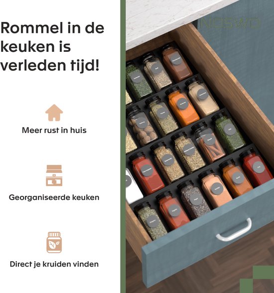 Noswo Spice Rack Drawer - 4 Layer - For 24 Spice Jars - stainless steel - Spice Organiser - Kitchen Drawer Organiser