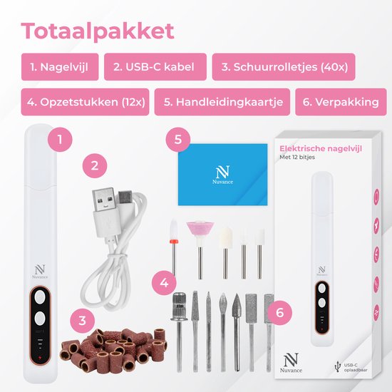 Nuvance Lime à ongles électrique - 15000 RPM - Moulin à ongles - 12 embouts - 40 rouleaux de ponçage - Set Manucure & Pédicure