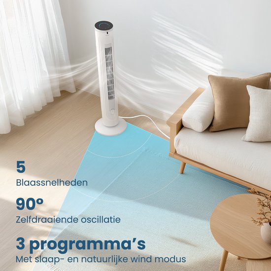 Auronic Tower Fan - Floor Fan - Air Cooler - Standing Fan - 105 CM - 5 Speeds - With Remote Control - Silent Fan - Fan - 45 dB - White
