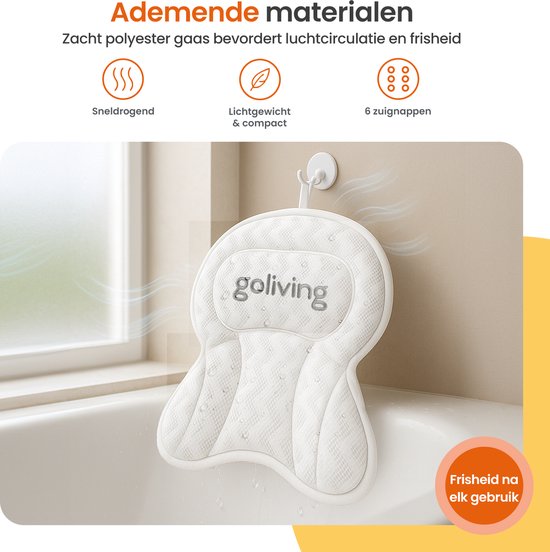 Coussin de bain Goliving - Coussin ergonomique pour le bain - Avec 6 ventouses - Sac de lavage inclus - Antidérapant, léger et imperméable - 100% Polyester - Blanc