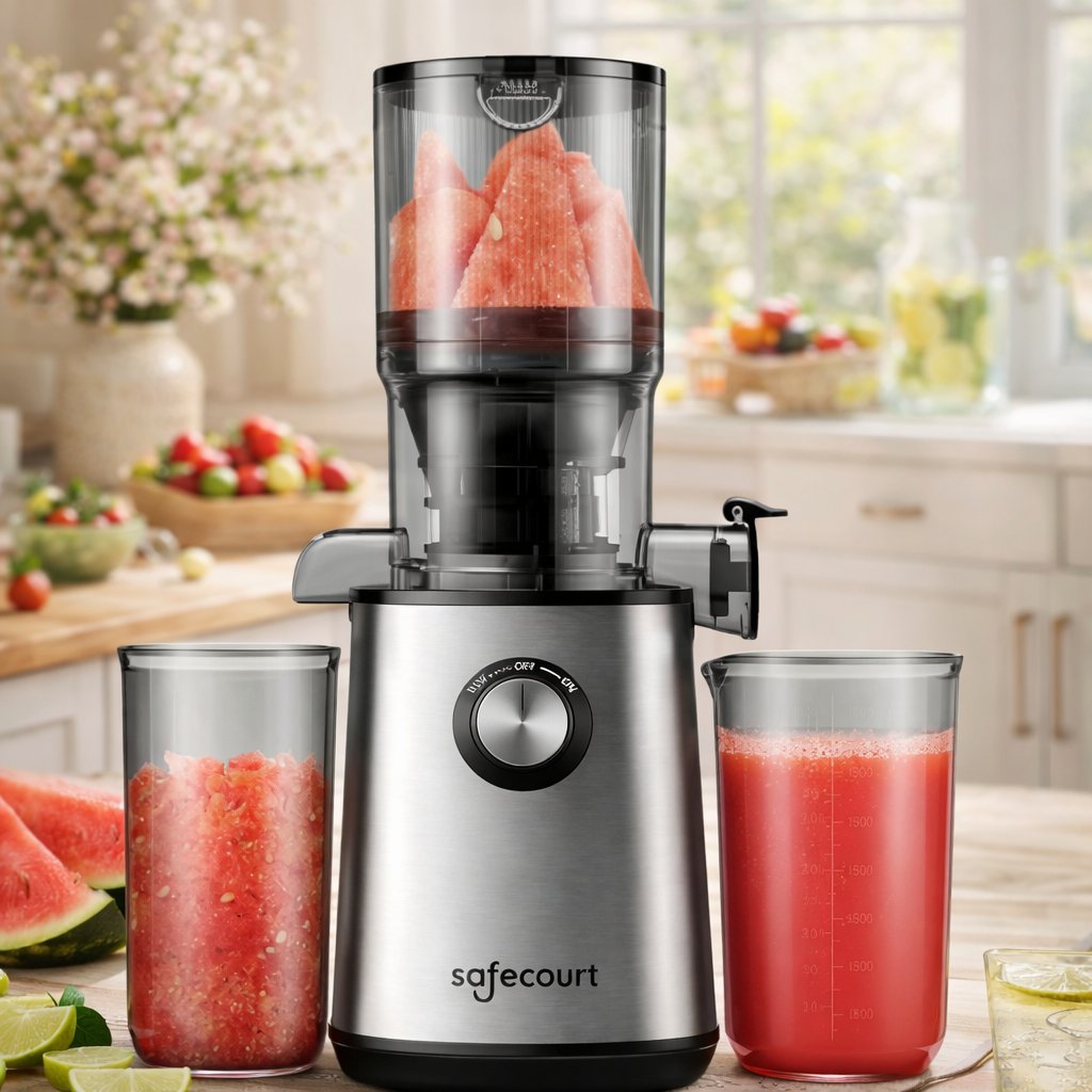 Extracteur de jus - Safecourt Kitchen - pour fruits et légumes - Ouverture de remplissage XXL - Moteur puissant de 200W - gris