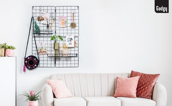 Étagère murale pliante Gadgy de style industriel - Noir, avec 2 étagères, 6 crochets en S et 10 piquets de fixation
