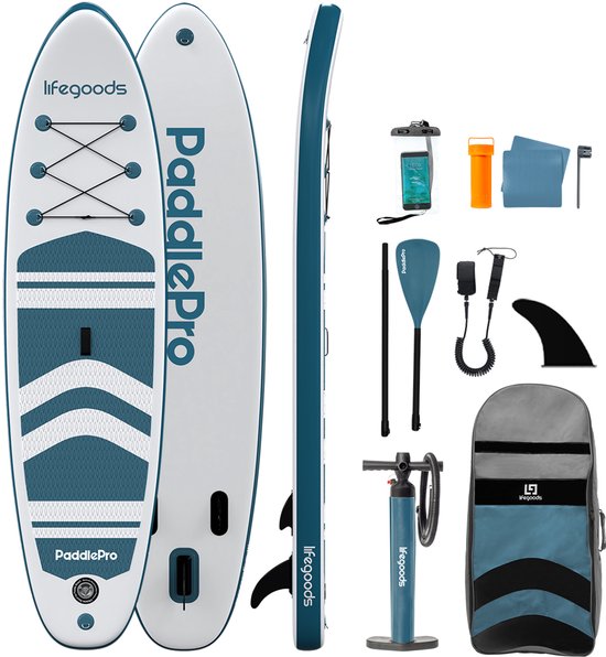 LifeGoods PaddlePro SUP Board - Planche à pagaie gonflable - Ensemble complet - Max. 135KG - 320x81cm - Blanc/Aqua profond