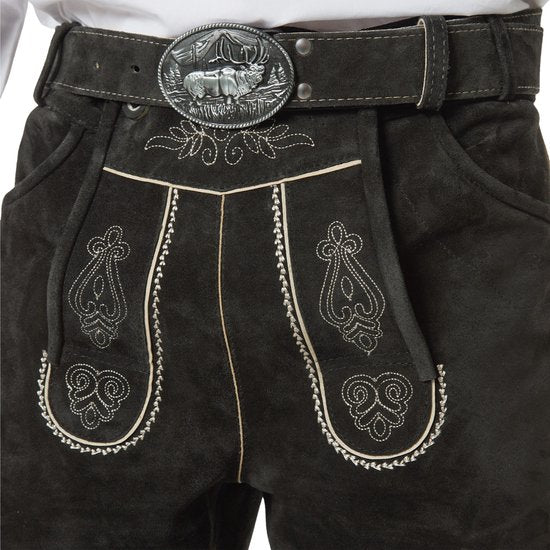 dressforfun - Authentique Lederhosen courte Jannis - Avec ceinture et bretelles - Cuir véritable - Noir - 54 - Oktoberfest Dress Man - Costume d'homme - Dress Up - Costume allemand - Robe de carnaval - Gilet de costume - Pantalon traditionnel en cuir