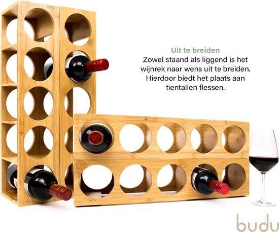 Budu Porte-bouteilles en bambou 5 bouteilles - Porte-bouteilles en bois - Empilable - Extensible - Porte-bouteilles en bois - Porte-bouteilles en bambou - Porte-bouteilles vertical - Porte-bouteilles de vin