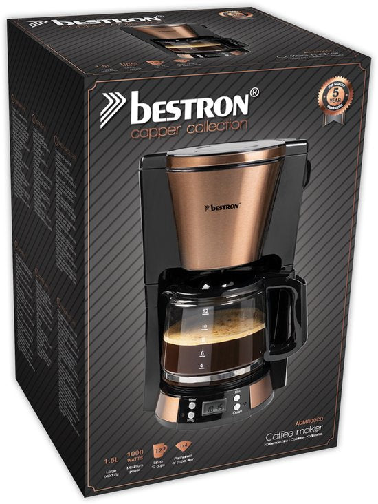 Bestron ACM800CO Cafetière - 1.5L - 12 Tasses - Minuterie programmable - Plaque chauffante - Filtre permanent - 1000W - Cuivre